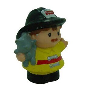 Mattel 2009 Fisher Price Little People Firefighter Yellow Fireman With Gray Cat